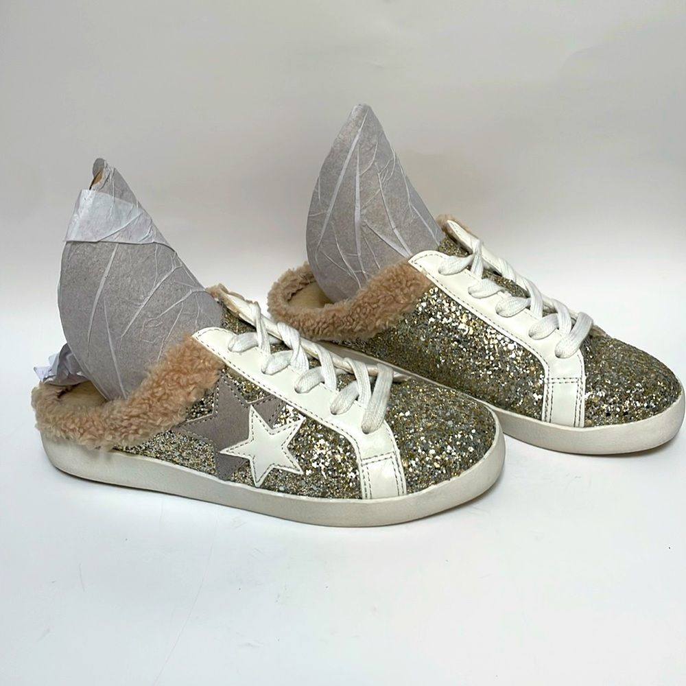 Size 5.5 slip on glitter sneakers, with comfy faux wool inside